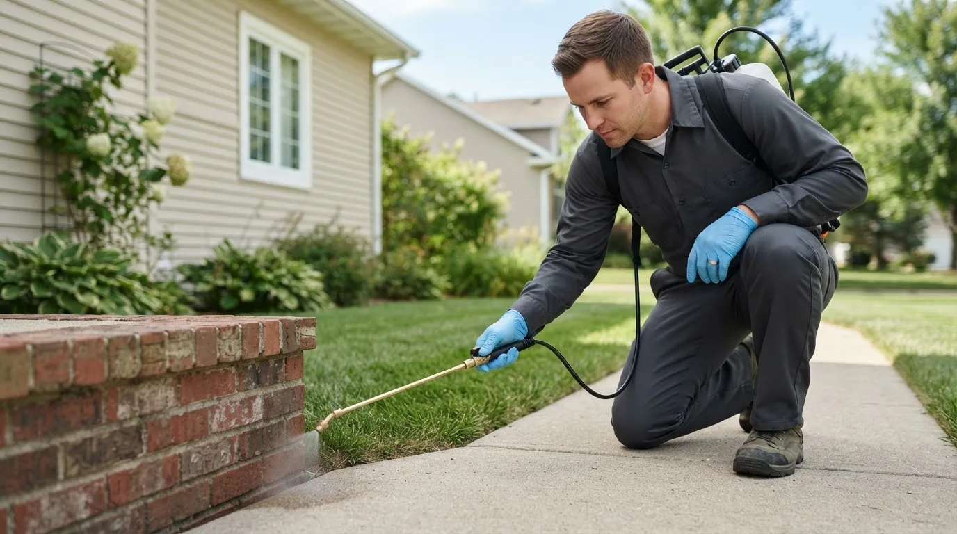 Pest control technician treating a home near Cornelius, OR